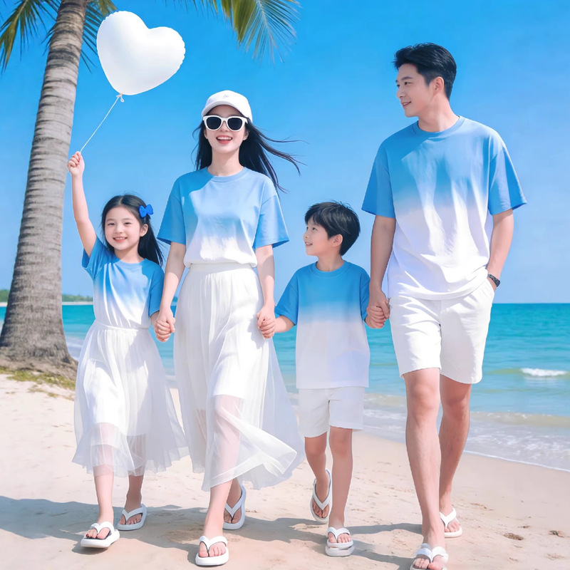 Beach Vacation Family Matching Outfits Gradient Short-Sleeve T-Shirts Summer New Style Family Outfits for Three or Four Members Mother-Daughter Tops