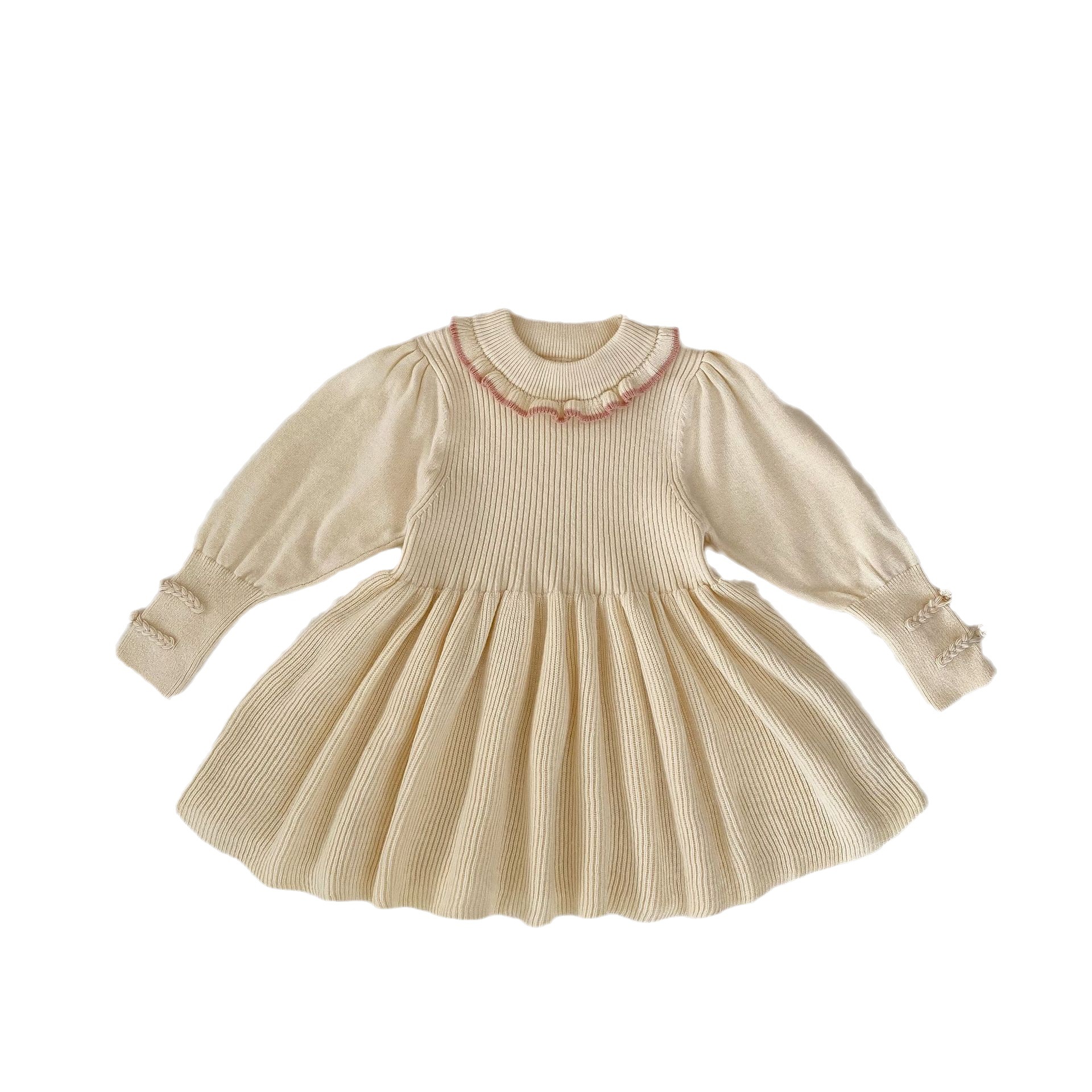 2023 otoño niña bebé rojo cuello redondo de encaje color sólido manga larga dulce falda vestido desgaste interior