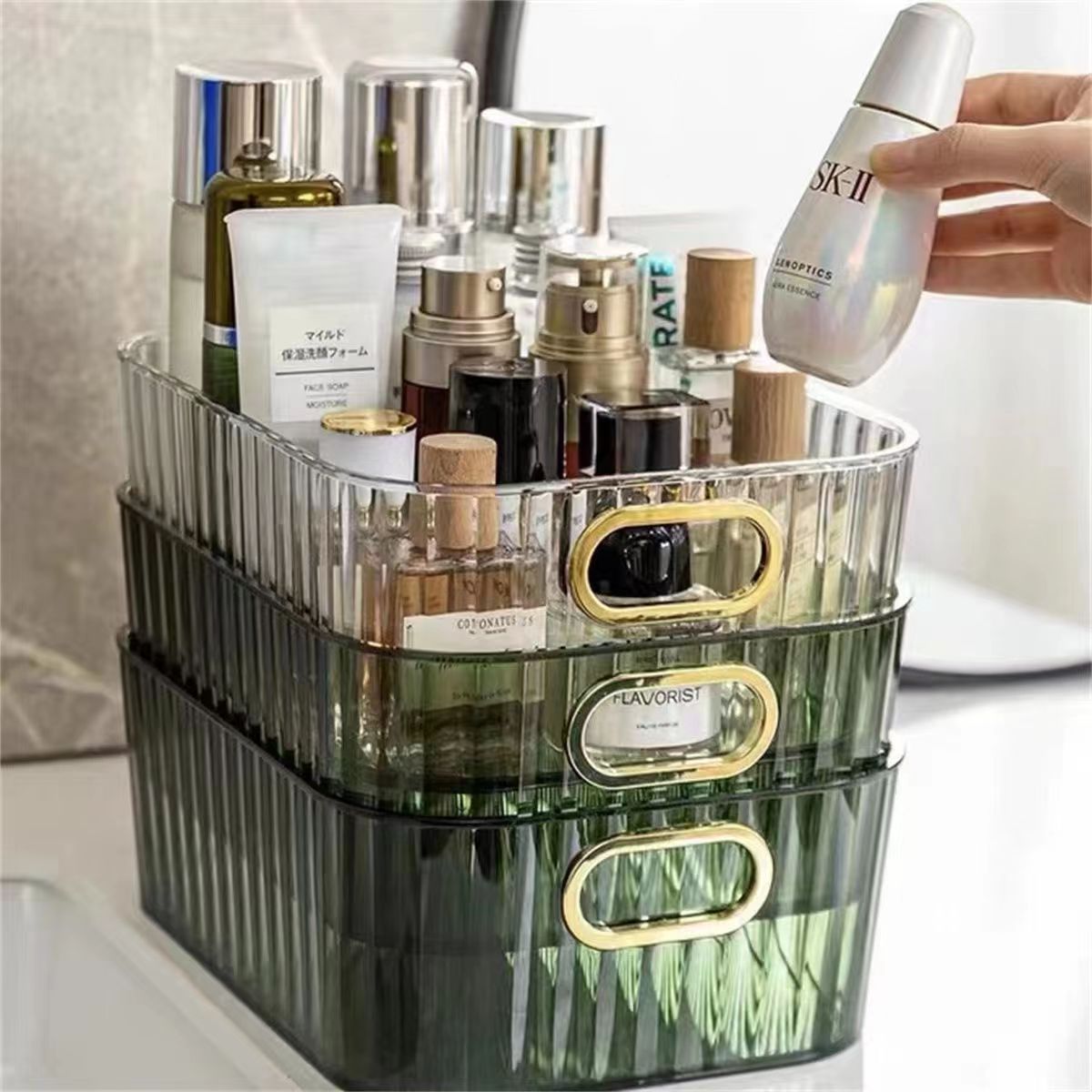 Caja de almacenamiento de escritorio de lujo ligero de alto aspecto PET caja de almacenamiento de artículos diversos multifuncionales caja de almacenamiento de cosméticos de dormitorio transparente image 1