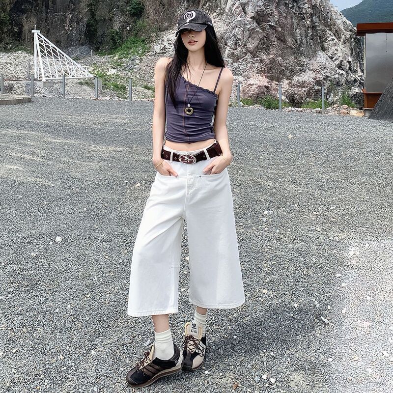 American-Style White Front-Pocket Cropped Jeans for Women, 2026 Summer New Straight Loose High-Waisted Slimming Wide-Leg Pants