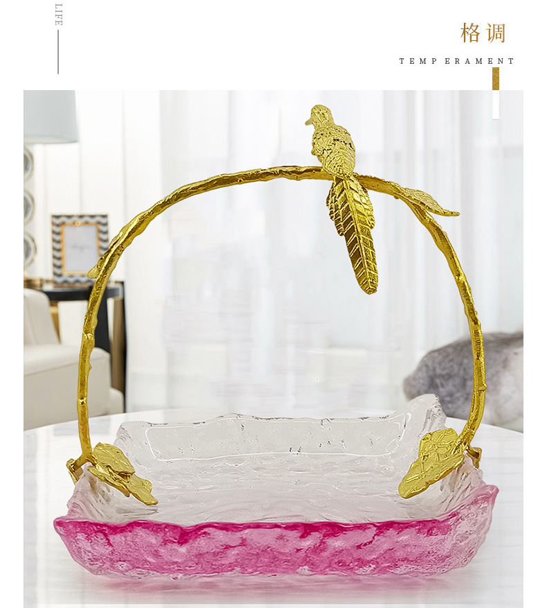 果盘美式装饰摆件喜鹊立枝琉璃提篮复古风铜制欧式家居双色水果篮