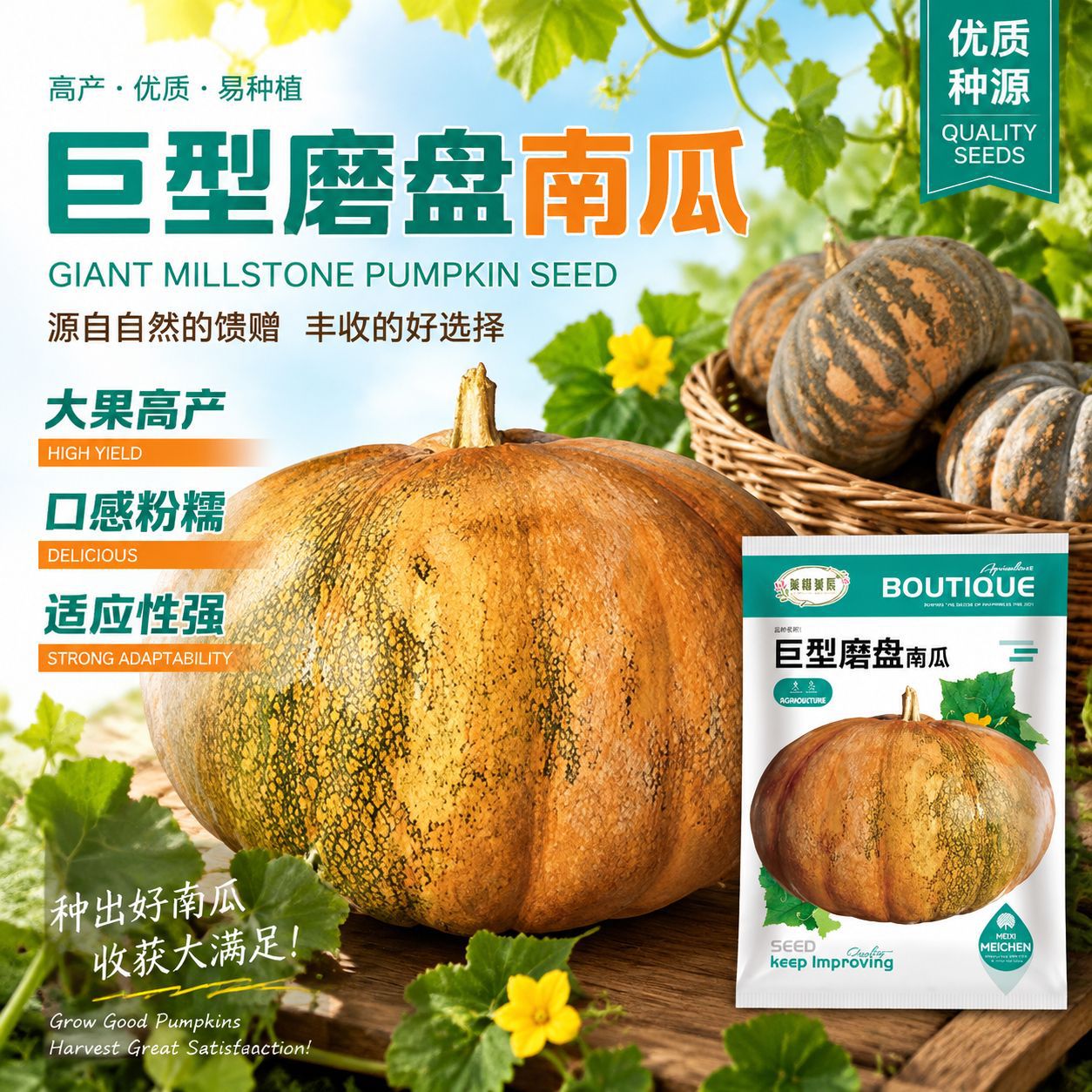 巨型磨盘南瓜种子农家大田种植高产粉糯观赏食用两用大型南瓜种