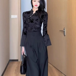 1458秋季新款高级设计感小众中式盘扣时尚植绒网纱打底长袖上衣女