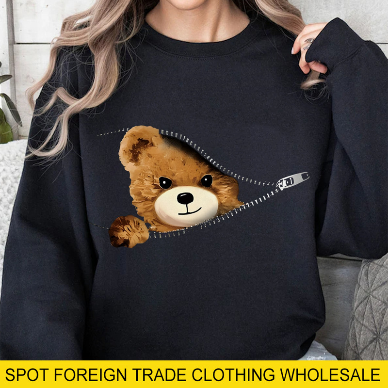 Independent Station New Zipper Teddy Bear Pattern Printed Autumn and Winter Loose Daily Casual Round Neck Sweatshirt