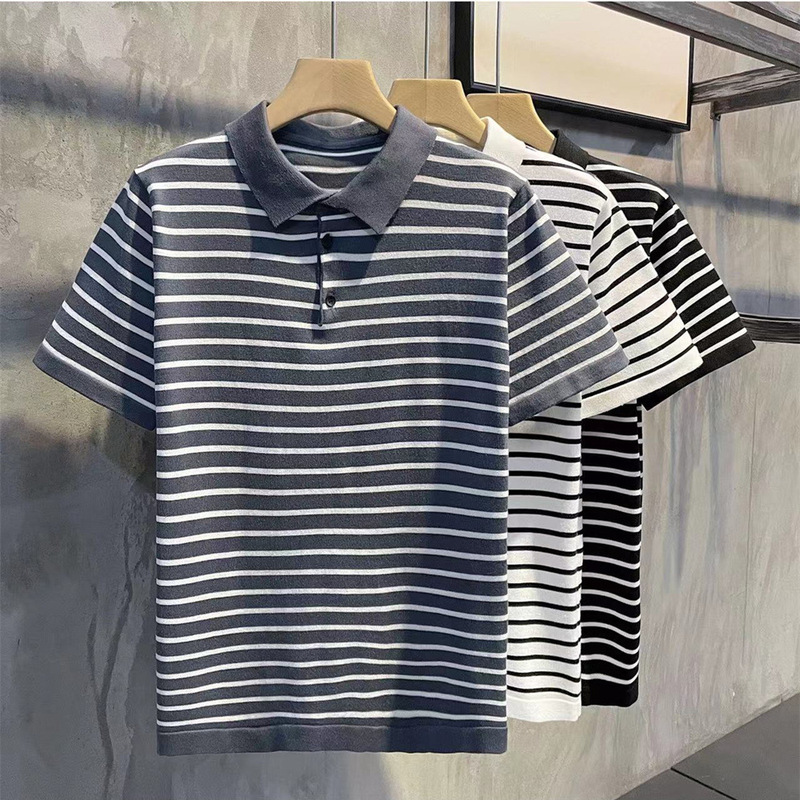 American retro trendy black and white striped short sleeve slim fit breathable casual top summer men's knitted polo shirt trendy