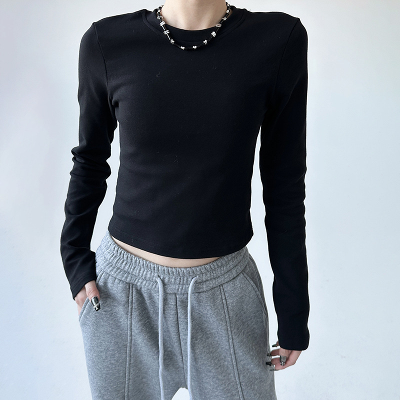 秋装纯色正肩短袖T恤女2025百搭休闲上衣修身显瘦秋冬基础打底衫|undefined
