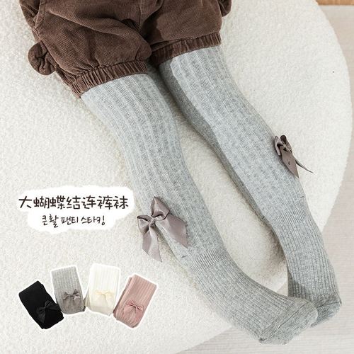  Winter New Girls' Vertical Striped Fleece Cotton Overalls with Children's Thick Large Bow Knot Warm Leggings