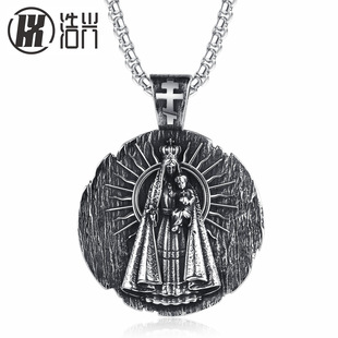 Cross-border Amazon European and American hip hop fashion titanium steel vintage Virgin Mary pendant men's and women's necklace sweater chain
