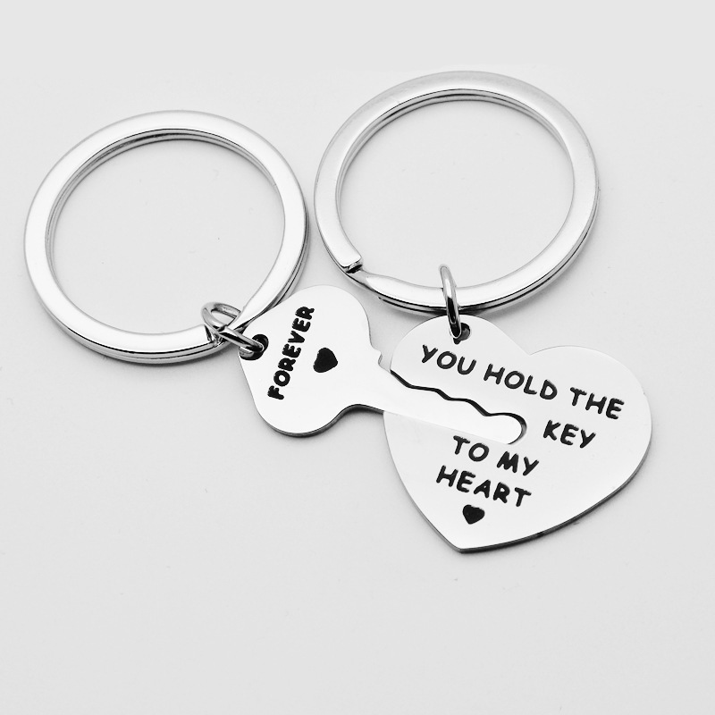 Cross-Border New Creative Stainless Steel Engraved Heart-Shaped Lock Key Couple Key Metal Buckle Pendant Jewelry