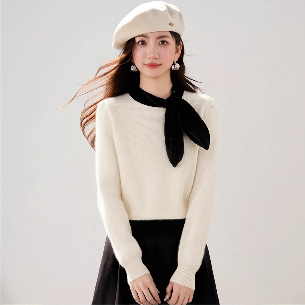 法式丝绒蝴蝶结系带撞色毛衣女秋冬内搭打底气质宽松软糯针织上衣