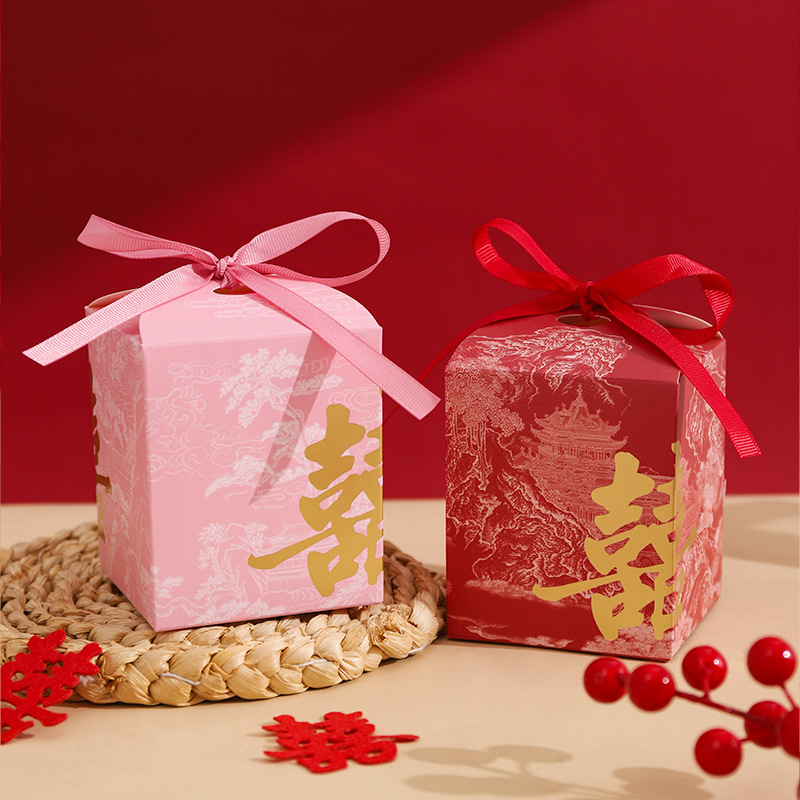 结婚喜糖盒烫金礼盒婚庆小众高级感中式喜糖盒创意婚礼喜糖袋空盒