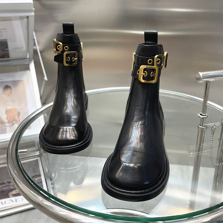 Big Goose Head Short Damen Britischer Stil Frühling und Herbst Neue Flache Unterseite Einzelne Gürtelschnalle Dicker Absatz Martin_voghion.com