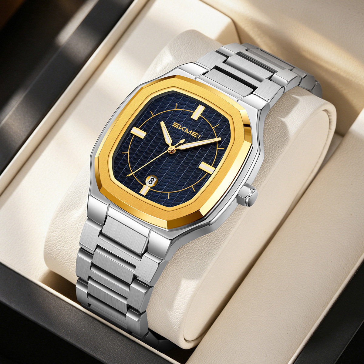 Momento de acero inoxidable oro octogonal reloj de cuarzo calendario impermeable hombre reloj de negocios fábrica de comercio exterior
