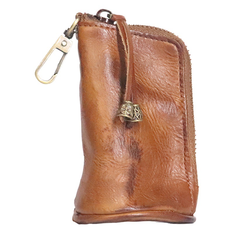 Genuine Leather Key Bag Men's Vintage Waist Hanging Cowhide Simple Large Capacity Bucket Bag Multi-Functional Zipper Key Bag Korean