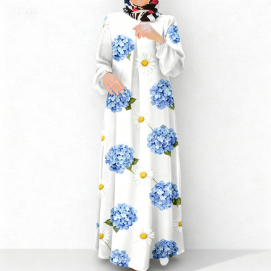 Cross-Border Women's Clothing Retro Printed Robe Plus Size Long-Sleeved Dress Dropshipping