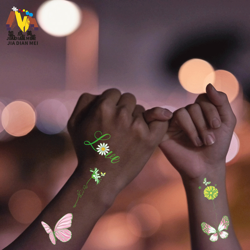 Venta caliente en el extranjero sudor impermeable luminoso dibujos animados lindo mariposa tatuaje pegatinas de larga duración protección ambiental luminosa tatuaje de los niños