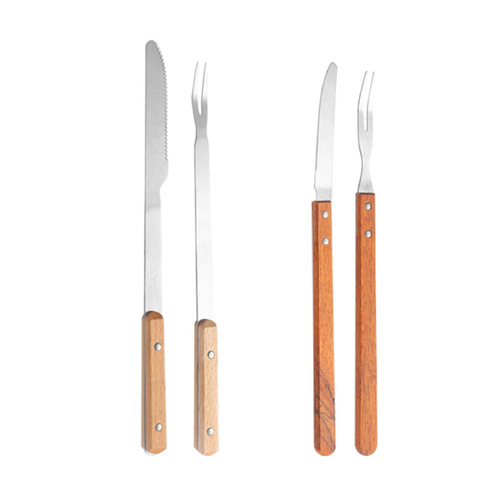Stainless steel barbecue knife and fork set with wooden handle, leg of lamb knife and fork, barbecue fork, steak fork, outdoor barbecue fork