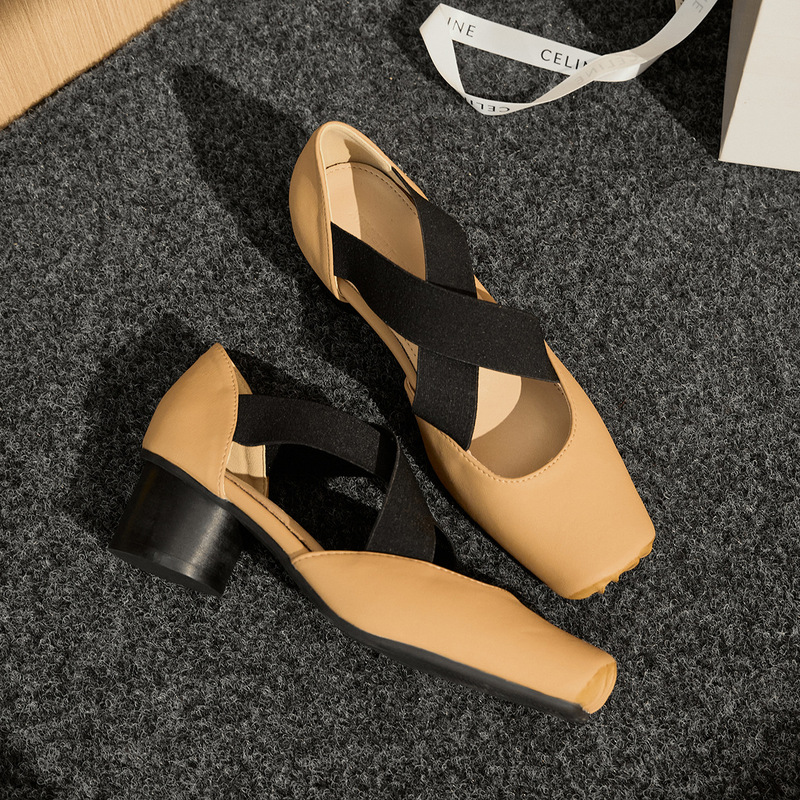 Single-layer shoes ballet shoes genuine leather summer wear retro cross strap square toe thick heel pig nose Mary Jane shoes