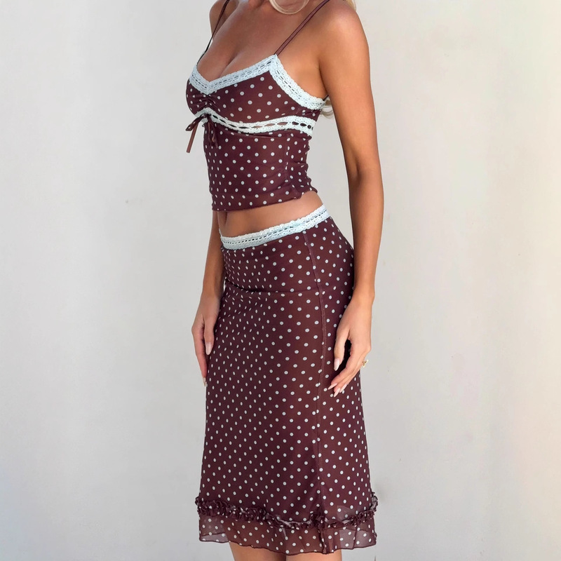 Printed Mesh Mid-Length Skirt with Brown and Blue Polka Dot Print, Contrasting Lace Trim and Ruffled Hem