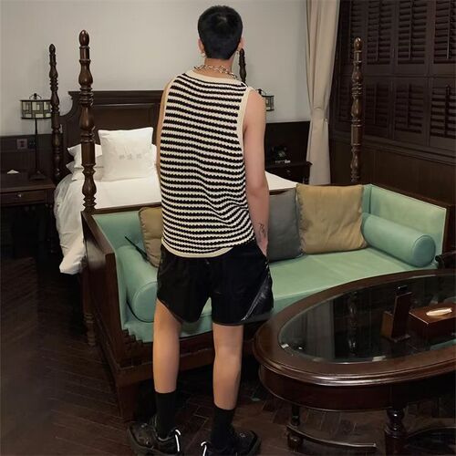 Men's Summer American Retro Striped Design Loose Unisex Versatile Sleeveless Cardigan T-shirt with Lattice Knit