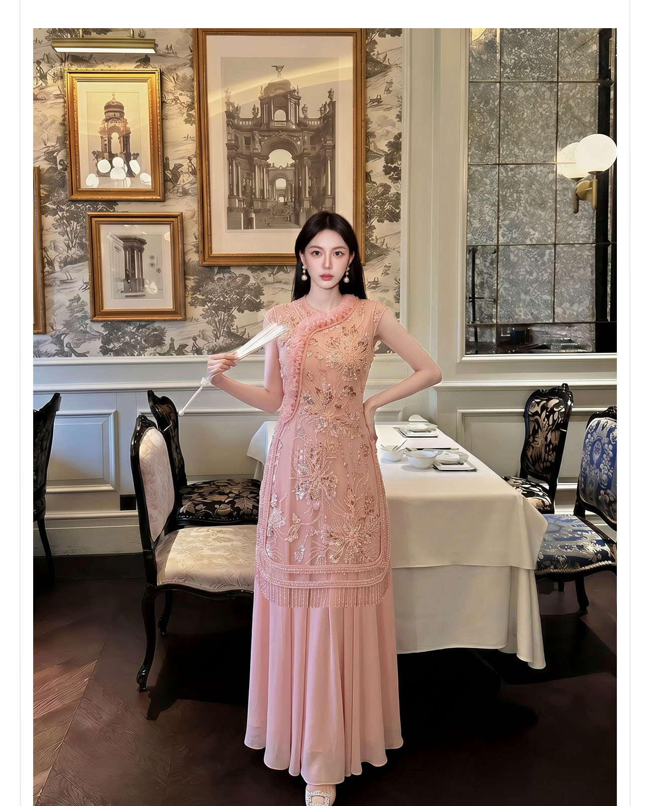 Đầm maxi nữ thắt eo thiết kế hoa nổi thêu ren cao cấp — màu hồng chi tiết 6