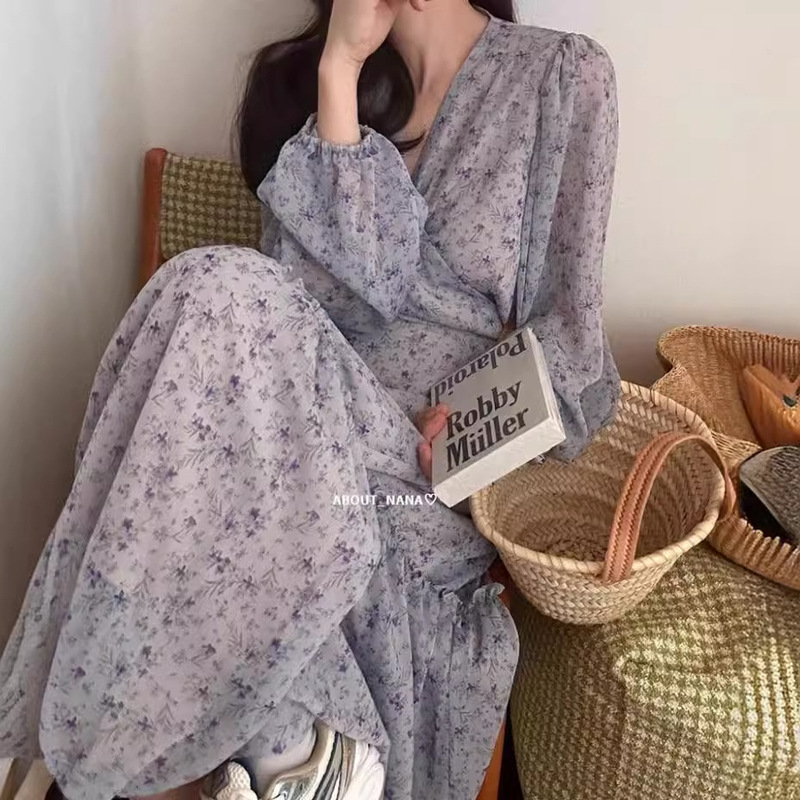 Korean Chic Early Spring New Style Tea Break French Long-Sleeve Floral Dress One-Piece V-Neck Gentle Style Long Dress for Women