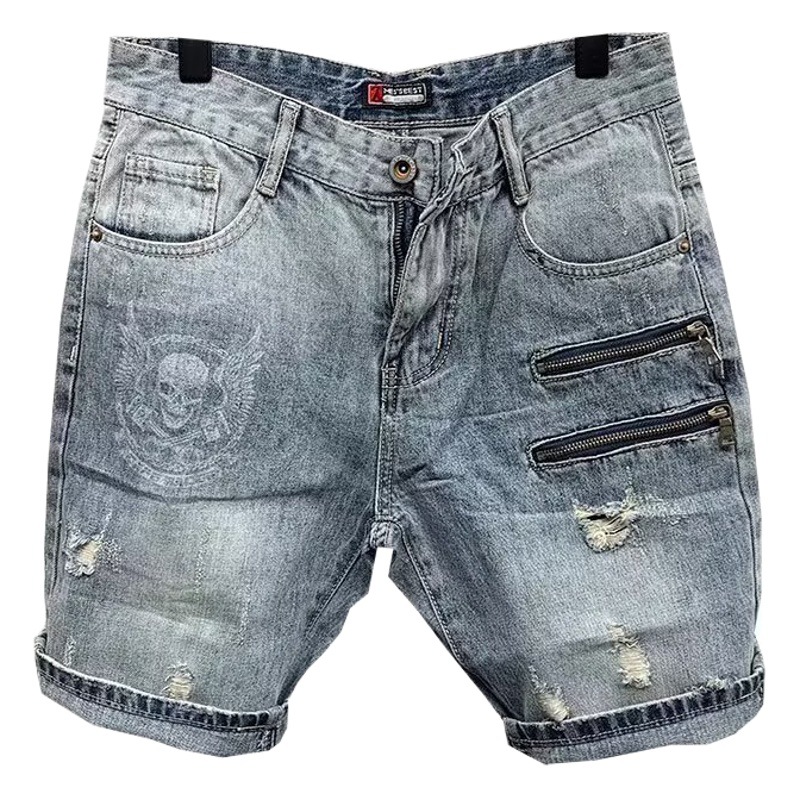 New Men's Denim Shorts, Summer Short-Sleeve Thin Loose Trendy Brand Knee-Length Pants, Korean Style Ripped Elastic Stylish Shorts
