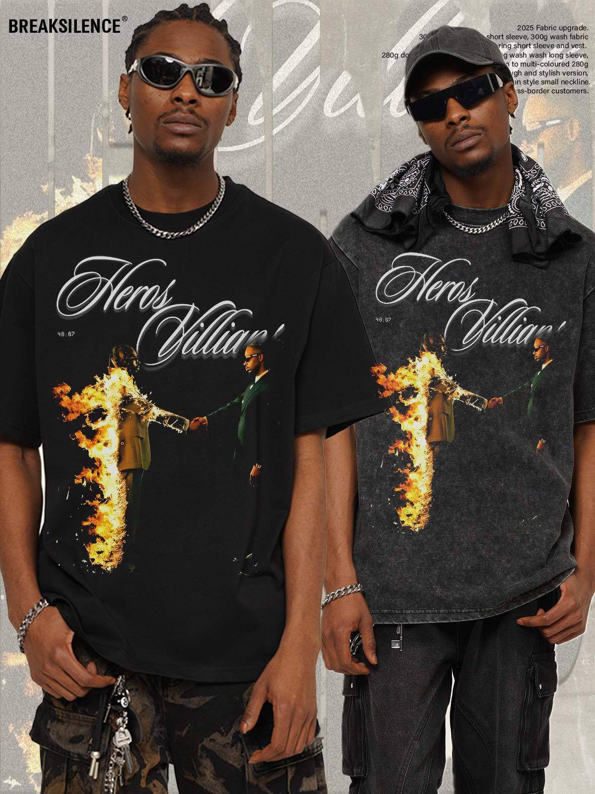 2025国境を越えた夏のメトロブーミンアメリカのレトロな重いポンドの男性tシャツはまっすぐにプリントします。