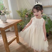 女童宝宝连衣裙夏季2025新款儿童无袖礼服立体花边裙灯芯绒