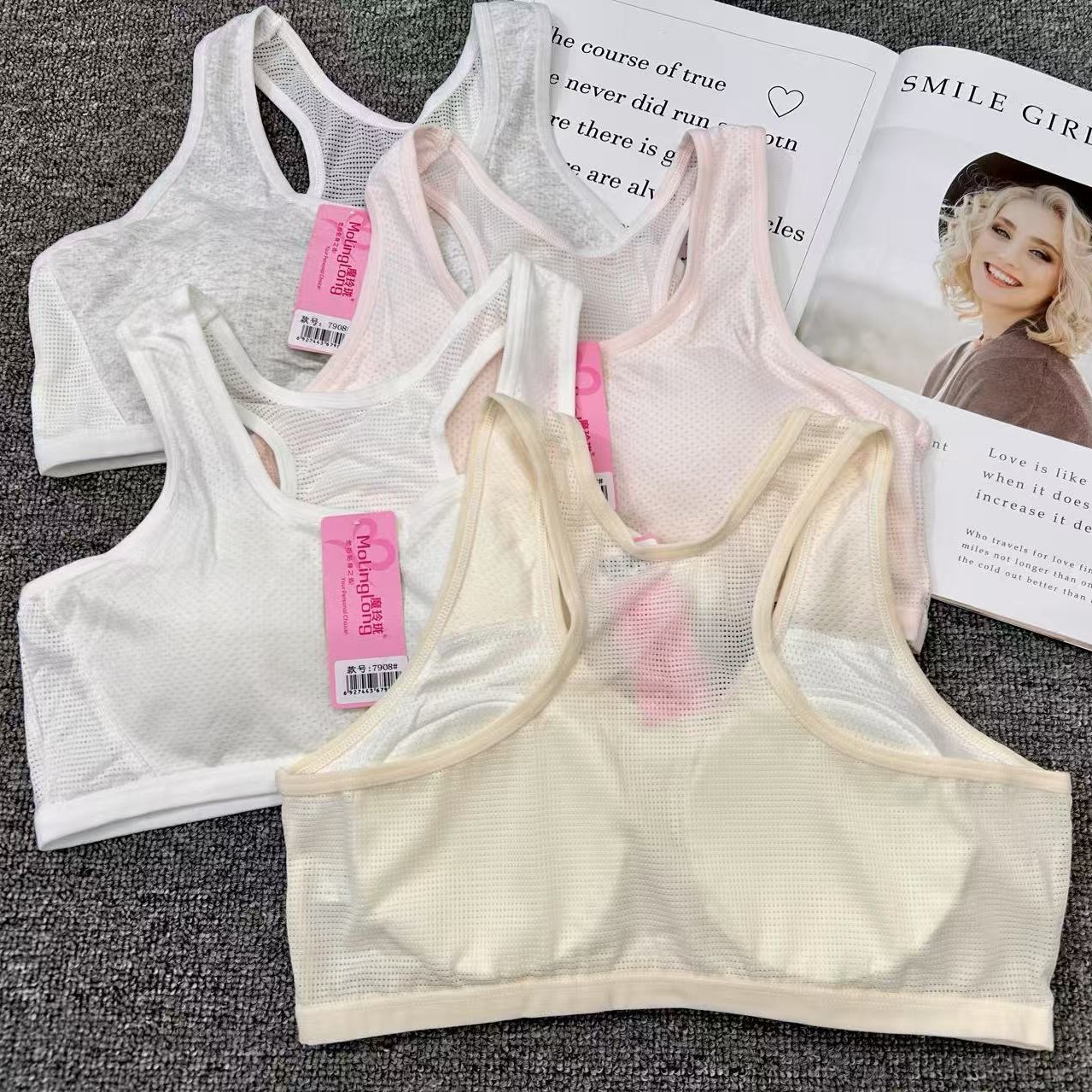 7908 # Red transpirable de algodón con hilo fino, taza fija, chaleco de ropa interior de desarrollo para niñas de secundaria, estudiantes de secundaria