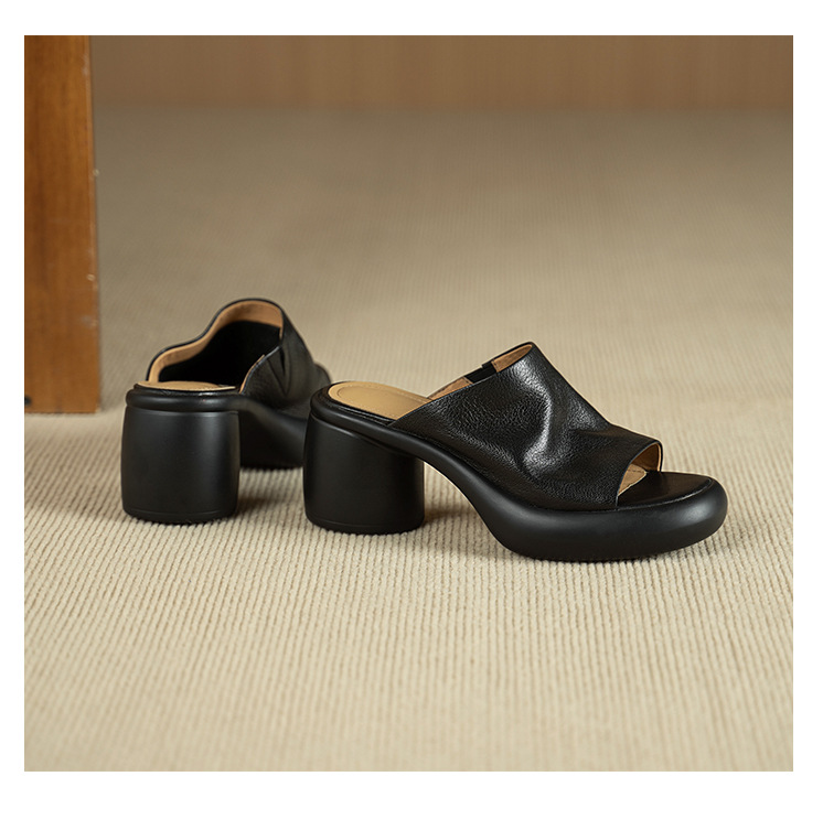 Sandal cao gót nữ hở mũi quai ngang da dê thật, gót 7 cm — đen chi tiết 22
