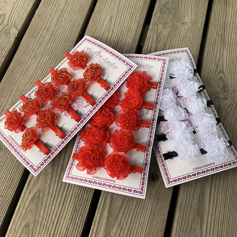 Fujian Spring Flower Duckbill Clip Minnan Folk Wedding White Silk Flower Bow Hairpin Red Golden Festive Cloth Flower