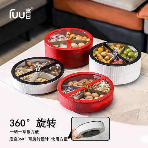 A lightweight, plastic, home-use living room storage box with a lid, a double-layer fruit bowl for snacks, a candy box, and a dry fruit bowl.