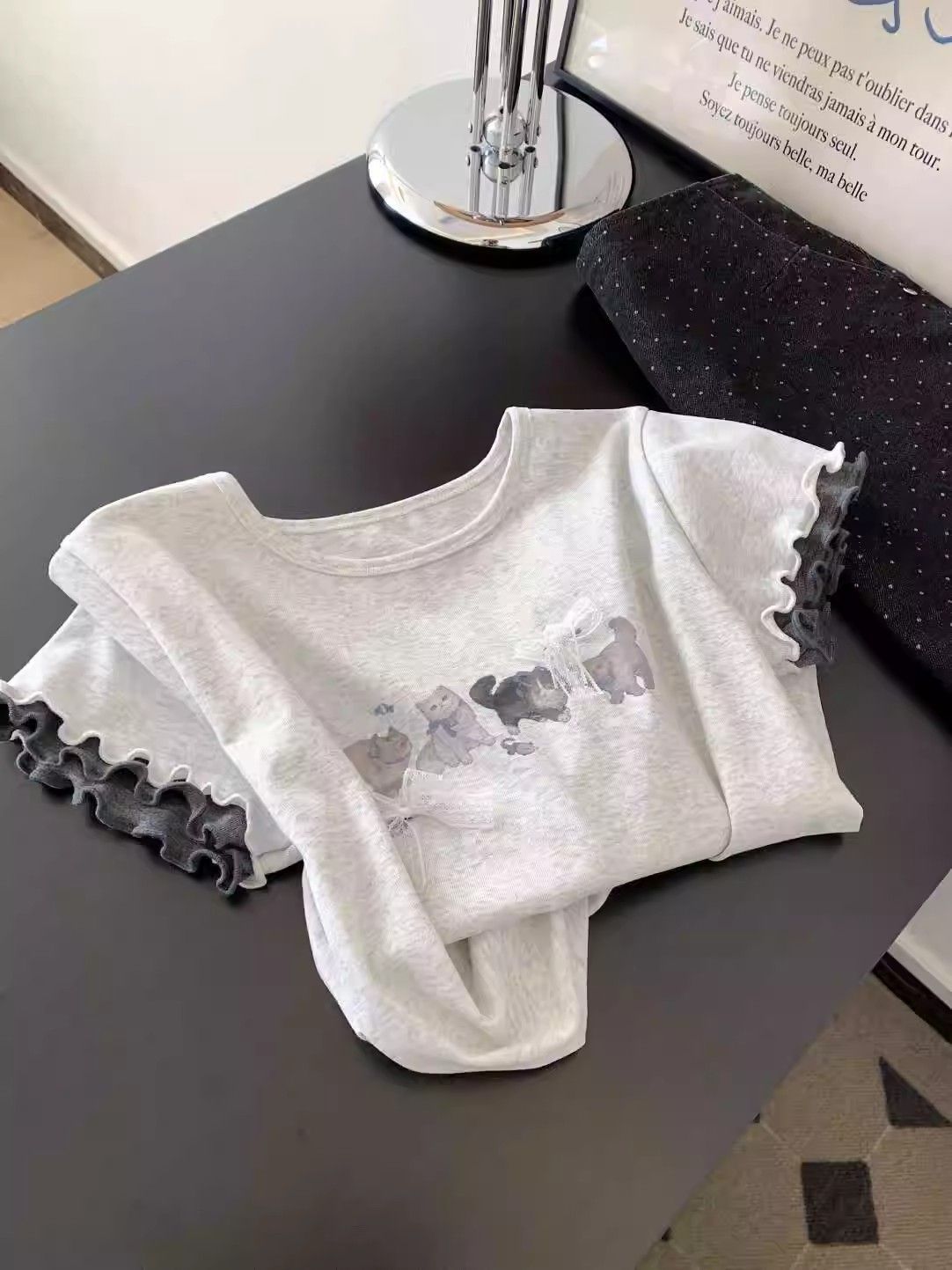 [210g 40 Count Pure Cotton] Cartoon Cat Lace Bow Short-Sleeved T-Shirt Women's New Summer Slim Top