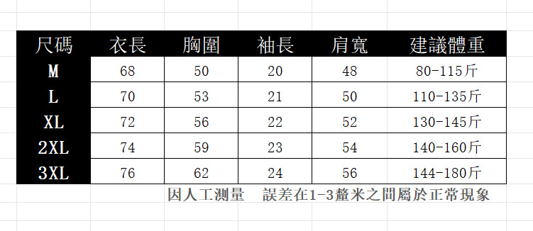 成人短袖尺码