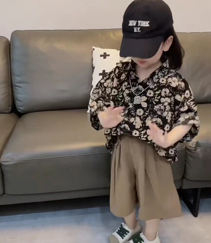 Parent-child clothing summer new loose retro Hong Kong style design niche flower shirt handsome casual shirt boys' clothing