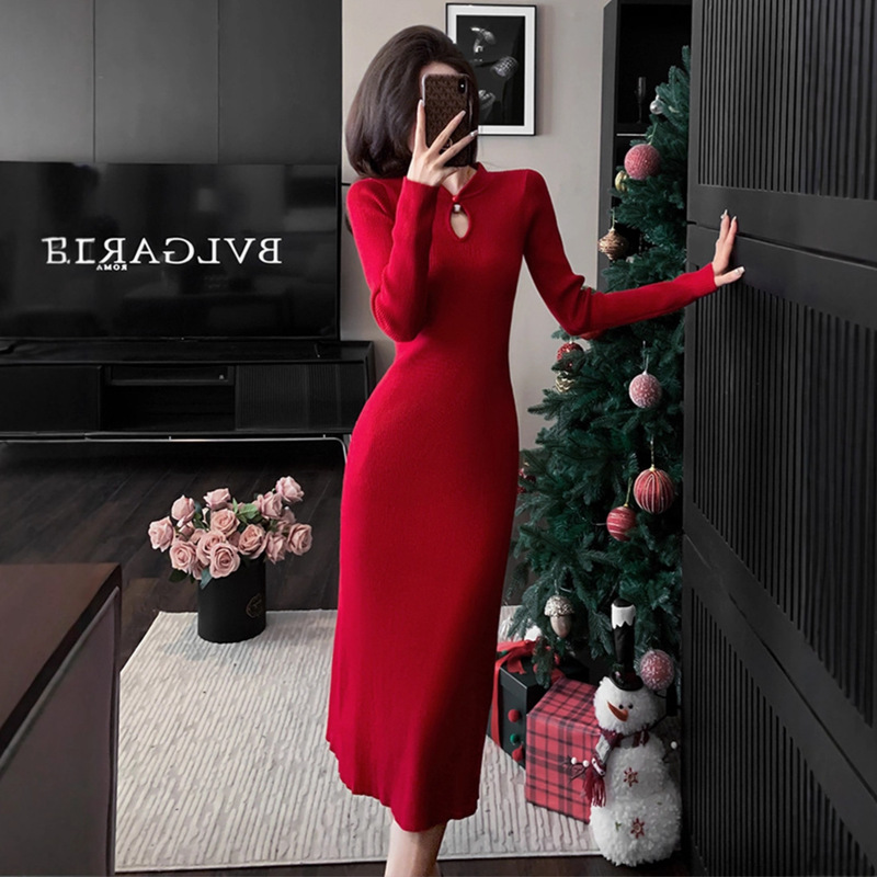 64097 New Chinese-Style Improved Cheongsam Knitted Sweater Dress Ol Christmas Red Toast Dress Over-The-Knee Long Dress 64097 New Chinese-Style Improved Cheongsam Knitted Sweater Dress Ol Christmas Red Toast Dress Over-The-Knee Long Dress