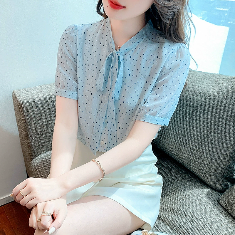 Синяя точка с принтом с короткими рукавами рубашка женский летний 2024 новый стример шифоновая рубашка летняя подкладка