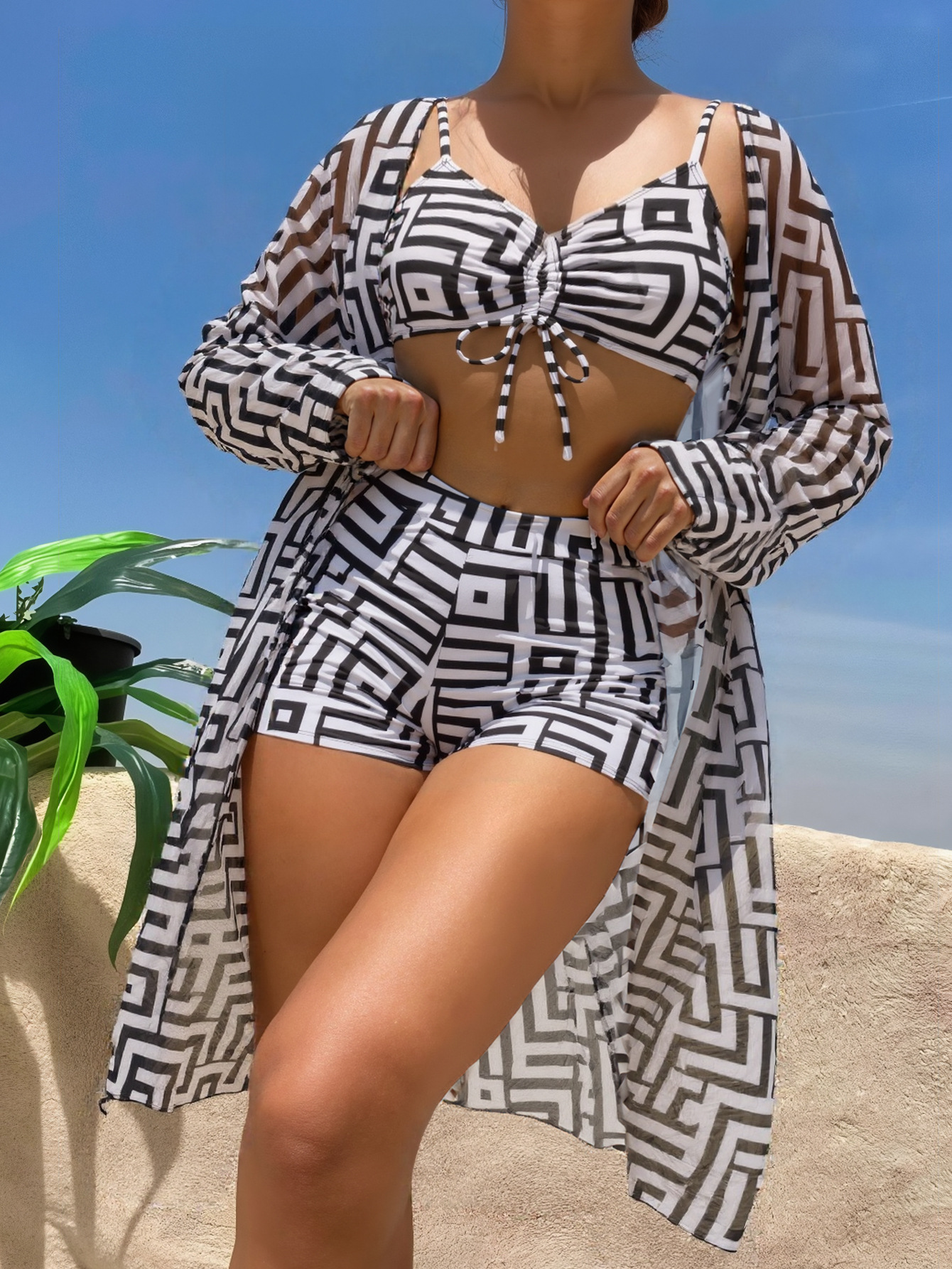 Traje de Baño de Tres Piezas para Mujer de Poliéster con Protección Solar para Playa