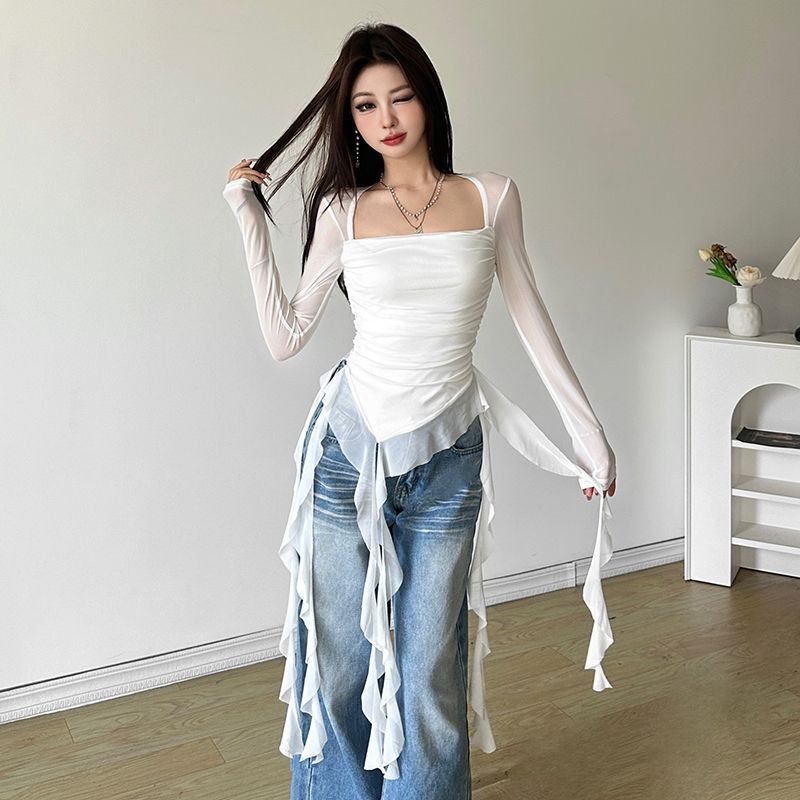 Irregular Ruffled Strap Shoulder T-shirt Women's Early Autumn Niche Design Sense Slim-fit Slimming Hot Girl Sexy Top