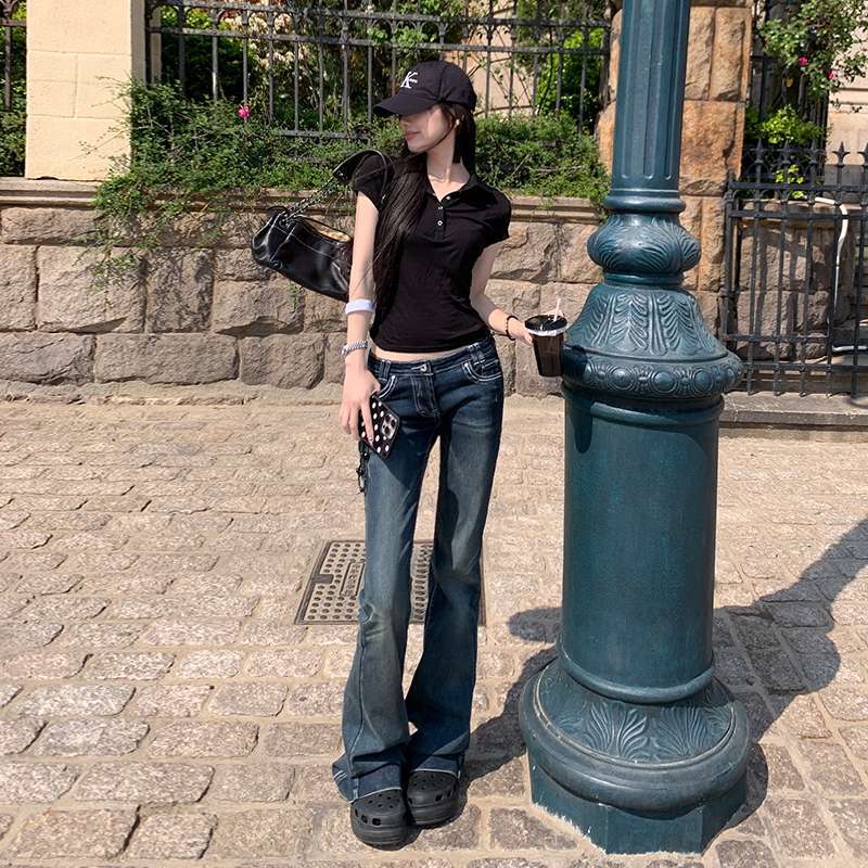 One Piece Wholesale Dropshipping Fashionable European and American Beautiful Practice Curve Charm Ultra Low Waist American Bell Bottom Jeans for Women