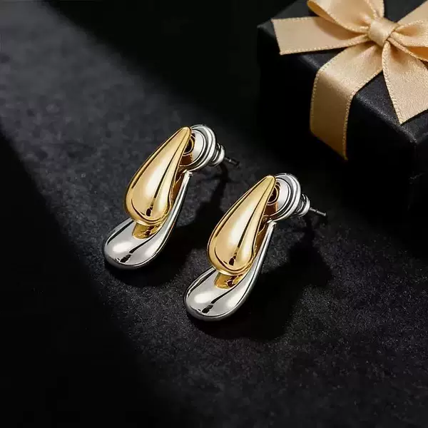 Cross-Border New Popular Earrings for Women, Water Drop-Shaped Two-Tone Earrings, Elegant and Versatile, Light Luxury and High-End Earrings