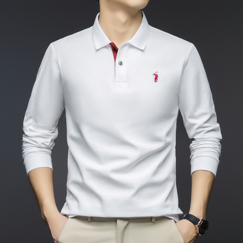 2025 Spring and Autumn Cotton Long-sleeved T-shirt Men's Embroidered Polo Shirt American Casual Lapel Base Shirt for Men