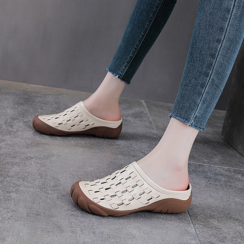 Dép sandal nữ quai chữ V đan thủ công da bò mềm đế bệt — màu trắng ngà