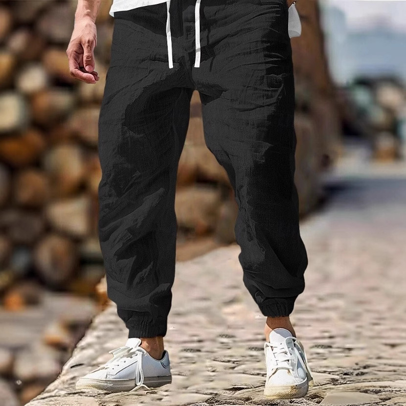 Men's Linen Trousers Summer Pants Elastic Waist High Waist Solid Color Plaid Breathable Outdoor Casual Vacation Fashion