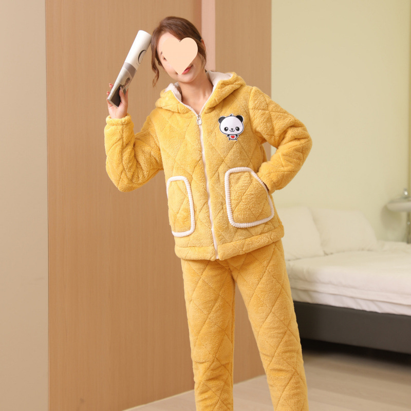 Winter pajamas for women in autumn and winter hooded warm three-layer thickened velvet cotton-padded outside wearing young and sweet home clothes set