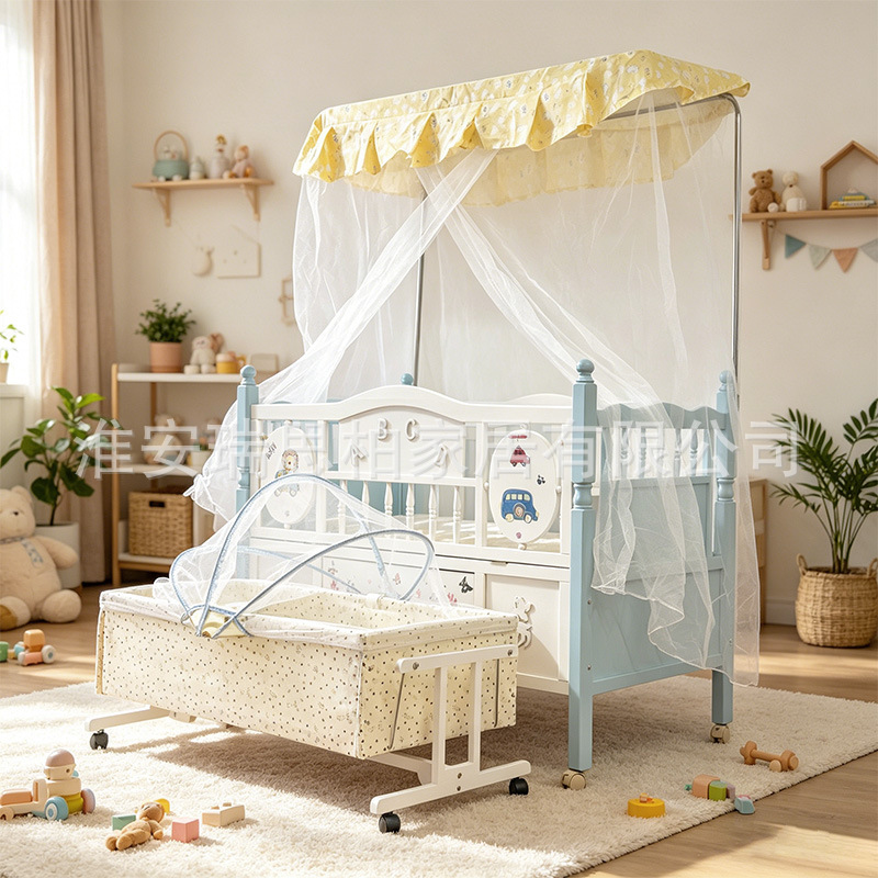 Solid Wood Multifunctional Crib with Storage, Movable Newborn Baby Cradle Bed for Boys and Girls, Splicing Large Bed with Mosquito Net