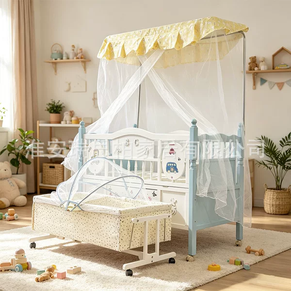 Solid Wood Multifunctional Crib with Storage, Movable Newborn Baby Cradle Bed for Boys and Girls, Splicing Large Bed with Mosquito Net