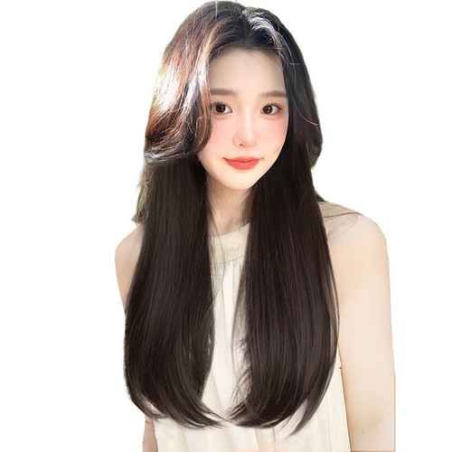 Full wig set for women with long hair, black long straight hairstyle, full wig set, fashionable and natural simulation front lace wig set