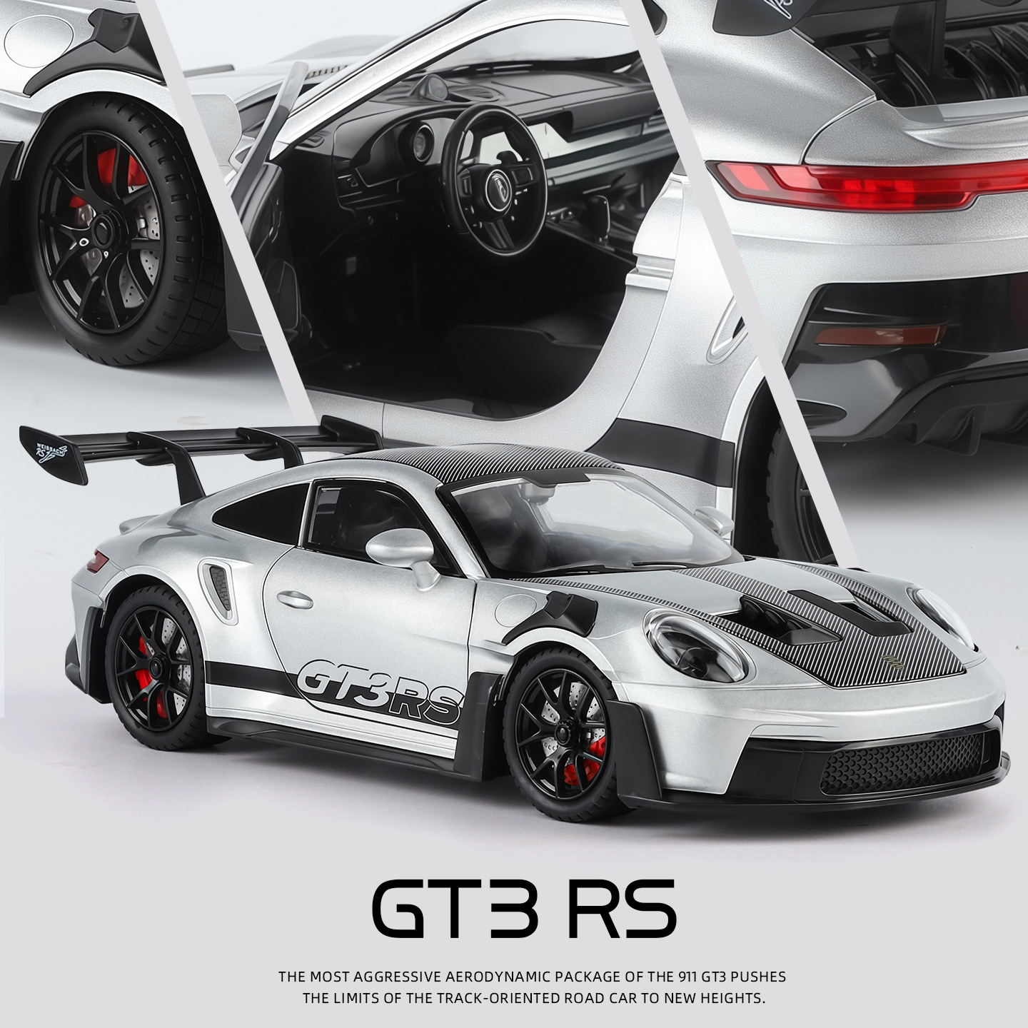 1: 24 Baoji GT3RS aleación coche deportivo modelo de retroalimentación de sonido y luz pista de carreras de supercarrera decoración de mesa para niños juguetes de puzzle